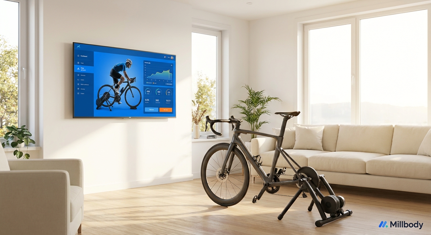 App personal trainer TV - Bicicleta speed em sala com TV exibindo aula de ciclismo Personal Millbody