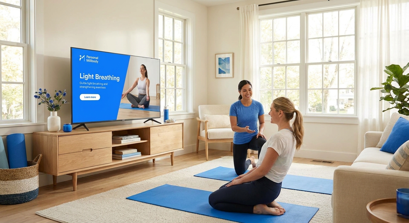Demonstração do aplicativo Personal Millbody rodando em uma TV de sala, com personal trainer conduzindo exercícios leves de respiração e fortalecimento.