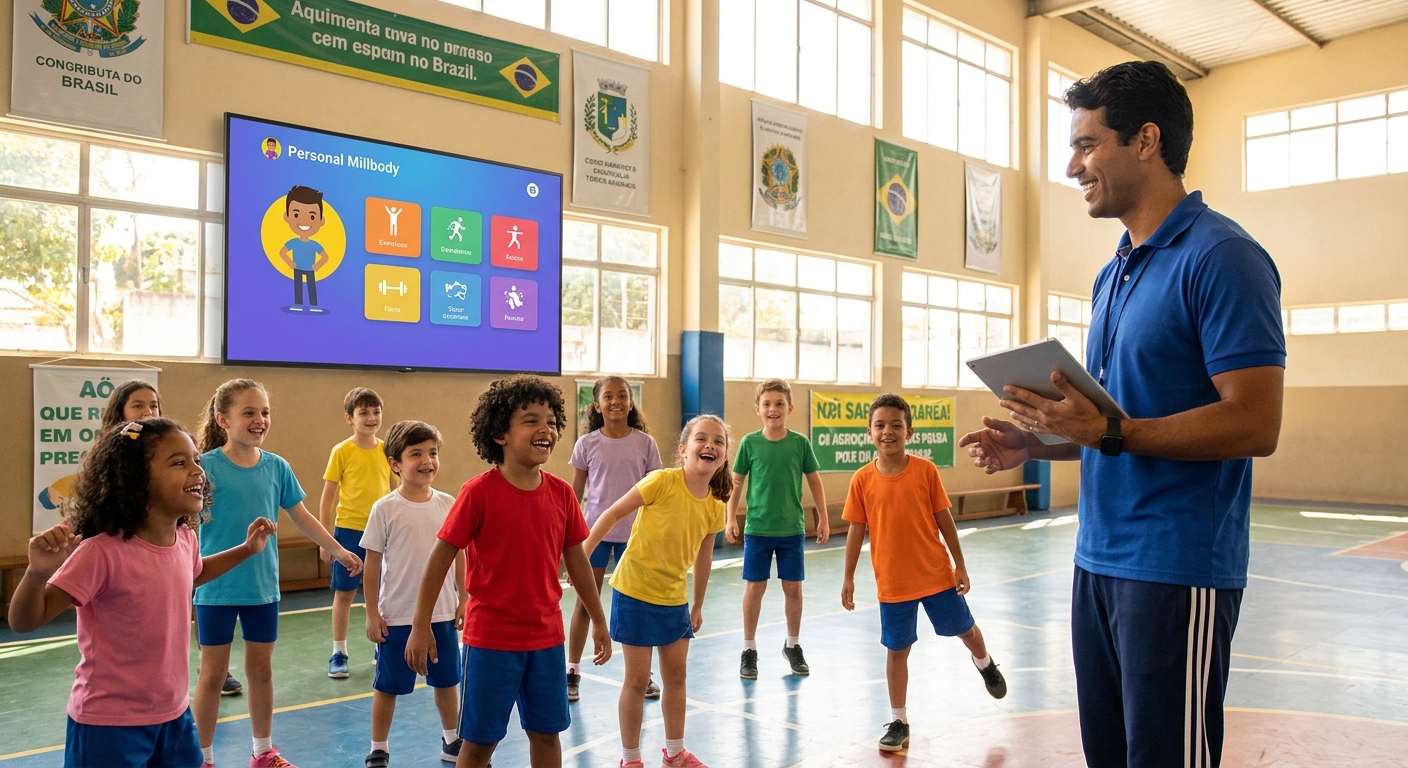 App para TV educador físico escolar Personal Millbody Professor de educação física usando o Personal Millbody na TV com alunos animados na escola