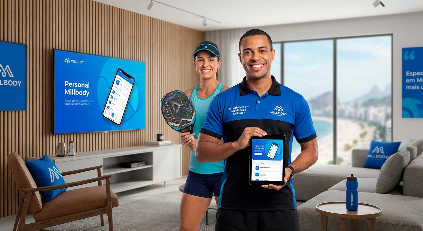 Especialista em mobilidade articular ao lado de atleta de Beach Tennis usando o app Personal Millbody no tablet e na TV
