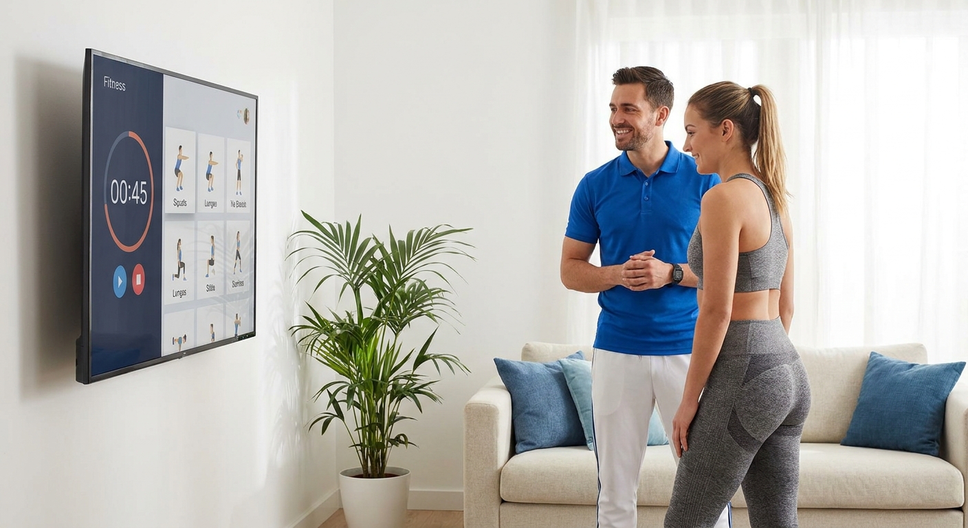 Instrutor de treino em casa ao lado de aluno treinando com app Personal Millbody na TV da sala