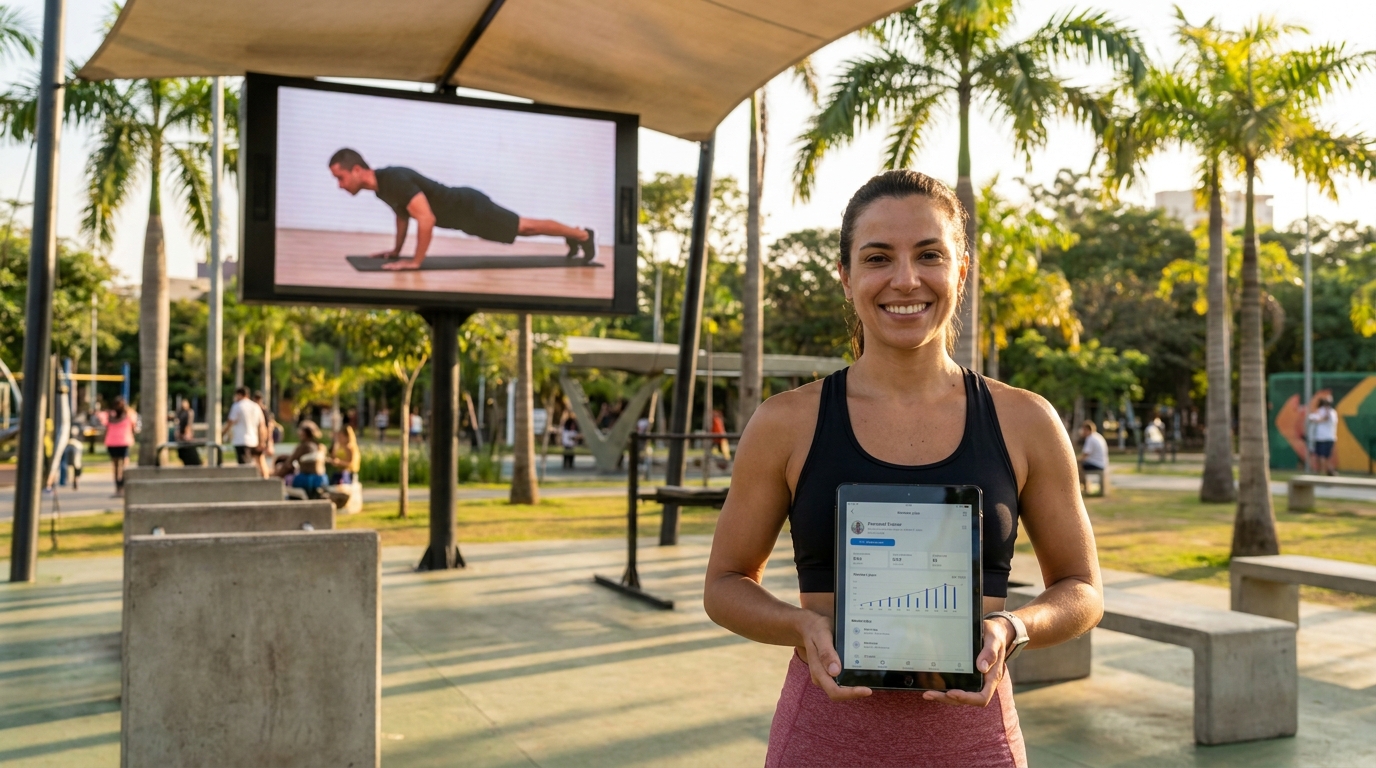 Personal trainer segurando tablet com app de treino ao ar livre com TV ao fundo representando expansão da marca com Personal Millbody