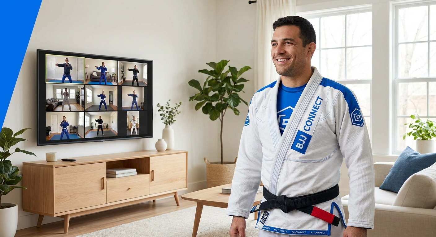 Instrutor de Jiu-Jitsu usando o app Personal Millbody em uma TV smart com alunos treinando em casa