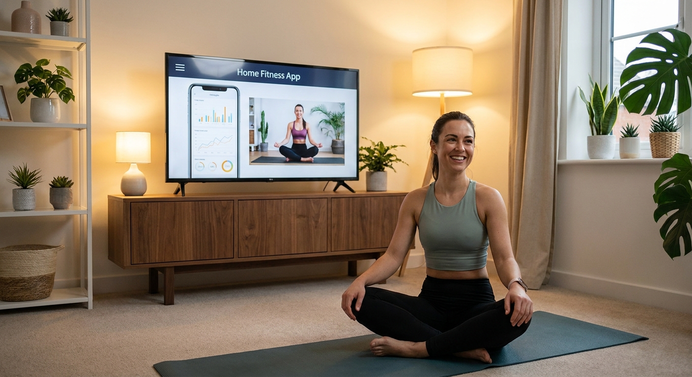Instrutora de meditação em movimento usando app para personal trainer com TV na sala de estar