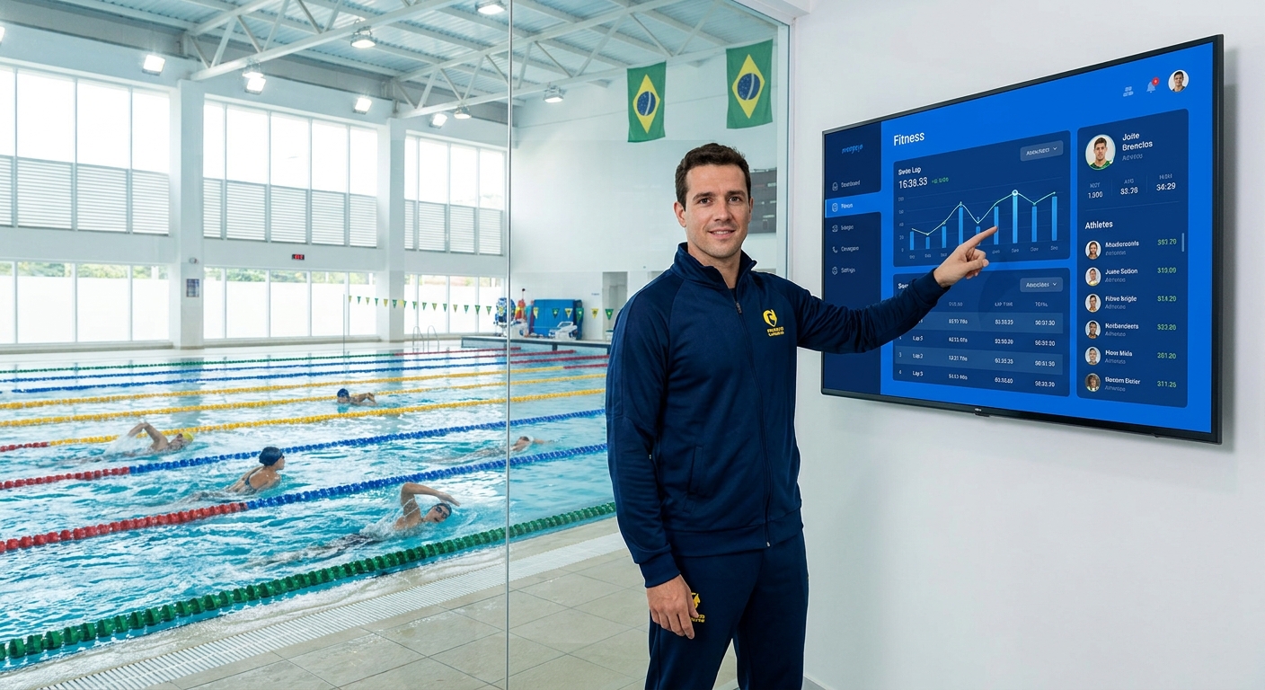 Preparador de natação utilizando o app Personal Millbody em uma Smart TV com atletas ao fundo na piscina