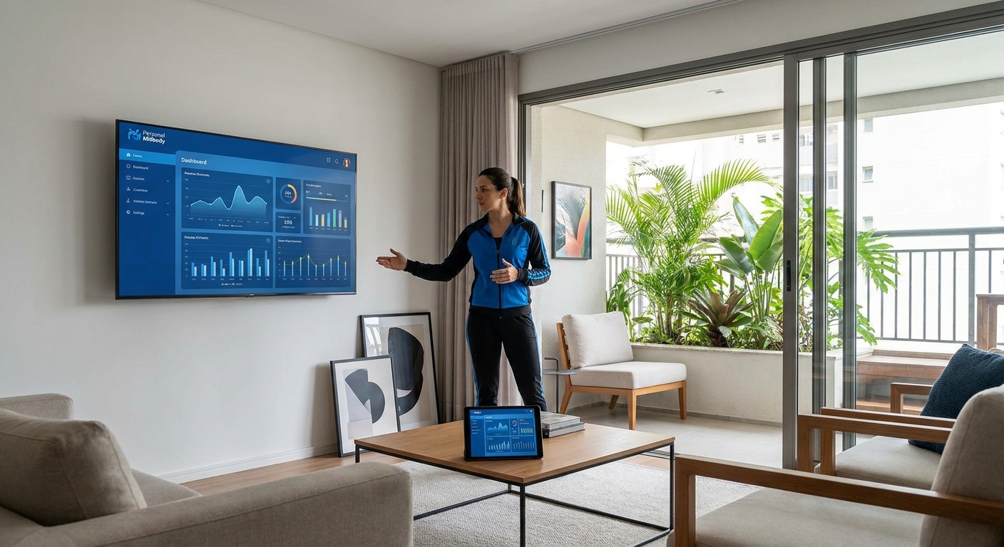 Preparador de atletas utilizando o app para personal trainer Personal Millbody na TV da sala, com gráficos de desempenho e monitoramento de treinos