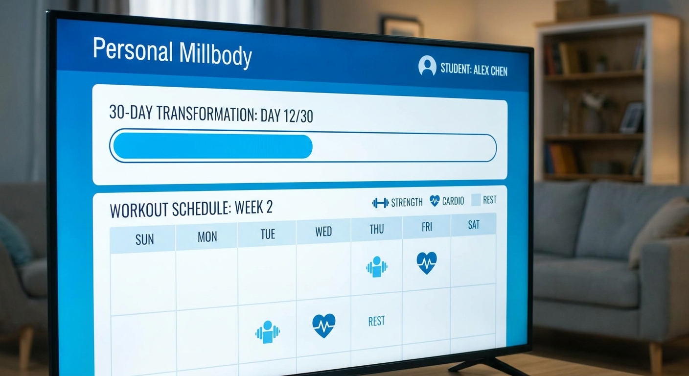 Programa de transformação de 30 dias no app para TV Print da tela do app Personal Millbody na TV mostrando programa de 30 dias com indicador de progresso