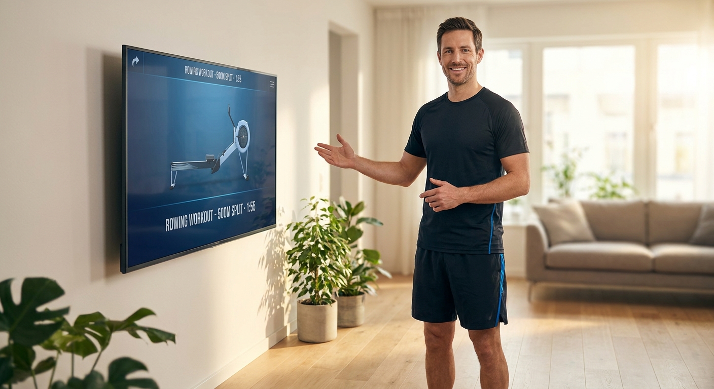 App personal trainer para TV exibindo treino de remo indoor na sala do aluno
