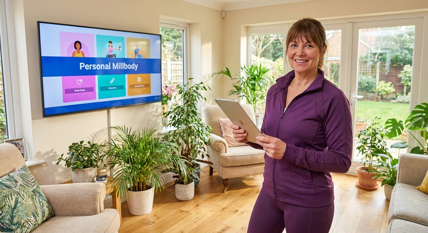 Treinadora de ginástica laboral ao lado da TV com app Personal Millbody