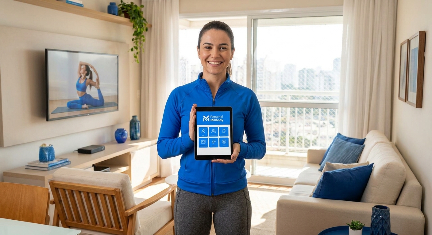 App Personal Millbody para TV – personal trainer feminina usando o aplicativo em tablet com treino na Smart TV ao fundo