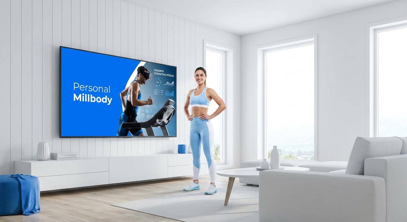 App Personal Millbody na TV com treino de triathlon e personal trainer ao lado