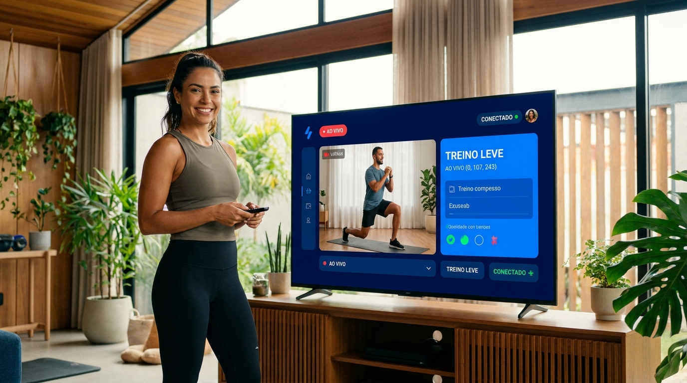 Personal Millbody: o primeiro app para TV do mercado fitness Personal trainer sorridente ao lado de uma TV exibindo o aplicativo Personal Millbody com aluno em videochamada