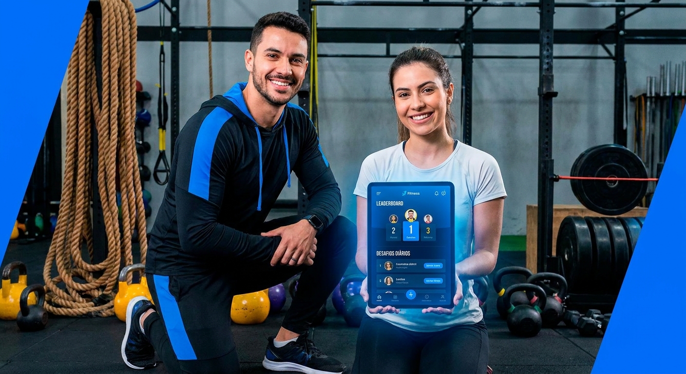 App Millbody para personal trainer de Cross Training — leaderboard, desafios e evolução real Personal trainer de Cross Training ao lado de aluno usando tablet com app Millbody mostrando leaderboard e desafios diários