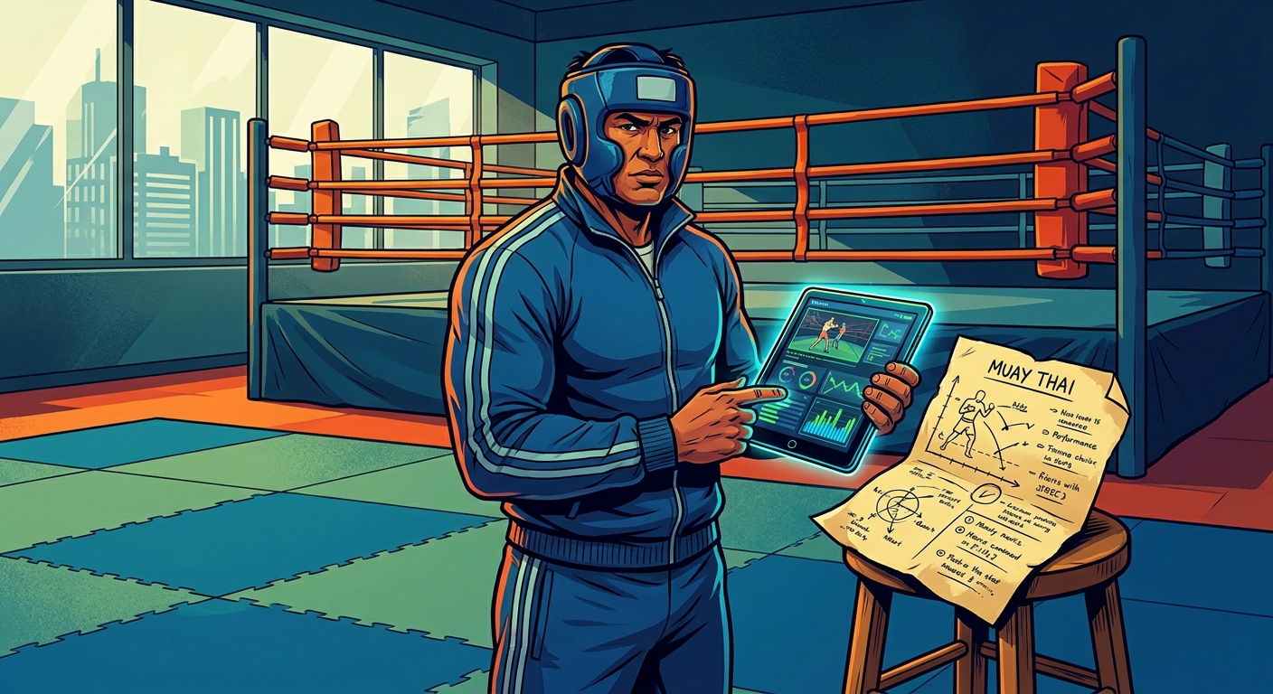 Coach de Muay Thai usando tablet com app de treinos ao lado de uma planilha de papel envelhecida