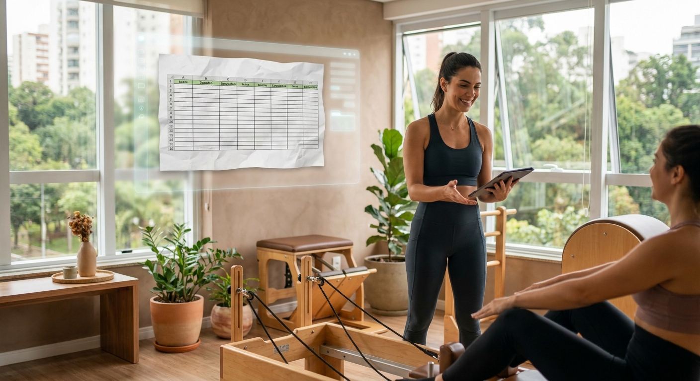 Professora de Pilates usando tablet ao lado de aluna em estúdio moderno