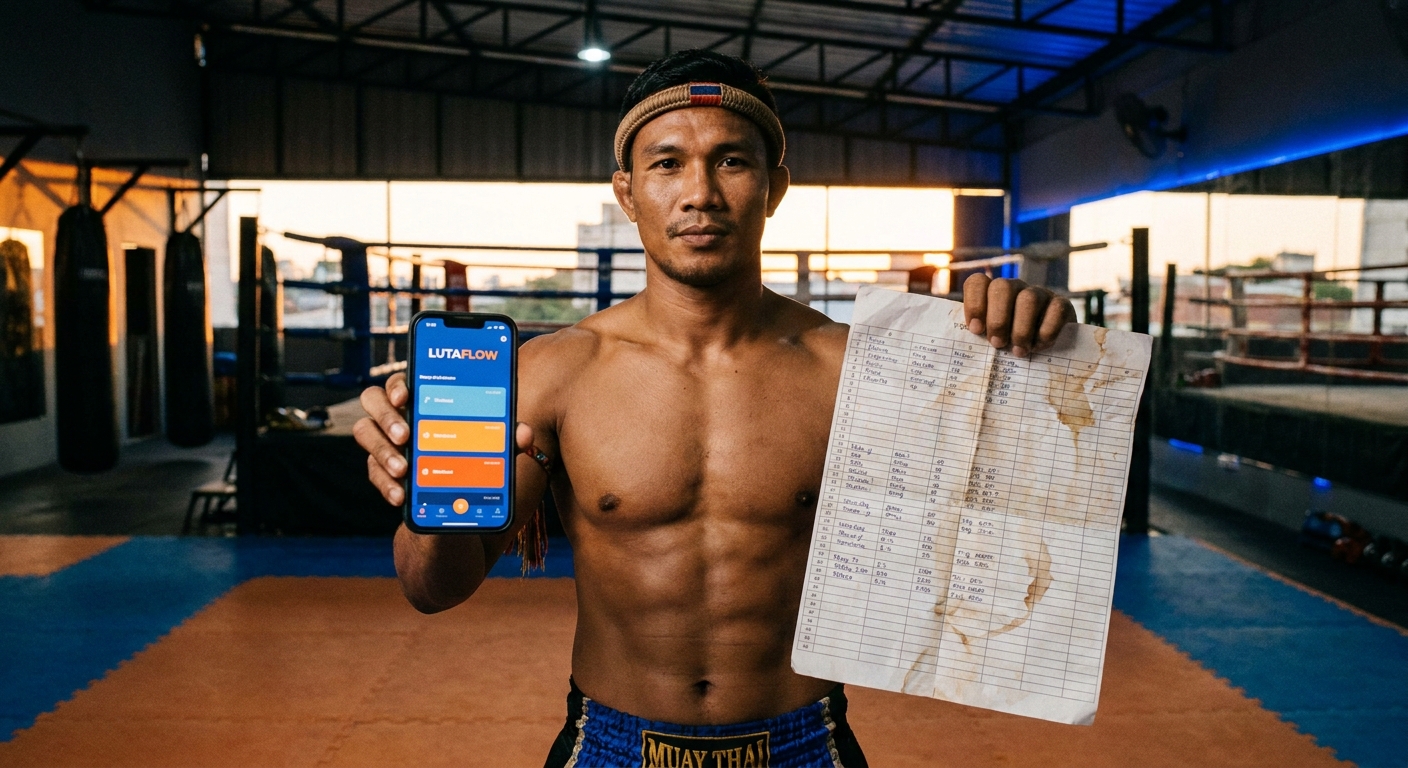 Instrutor de muay thai usando app de treino no celular ao lado de planilha amassada
