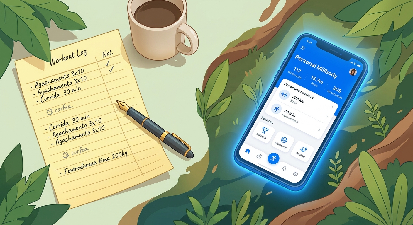 Comparação entre planilha de treinos de papel e aplicativo Personal Millbody no smartphone, com fundo de folhas e elementos naturais