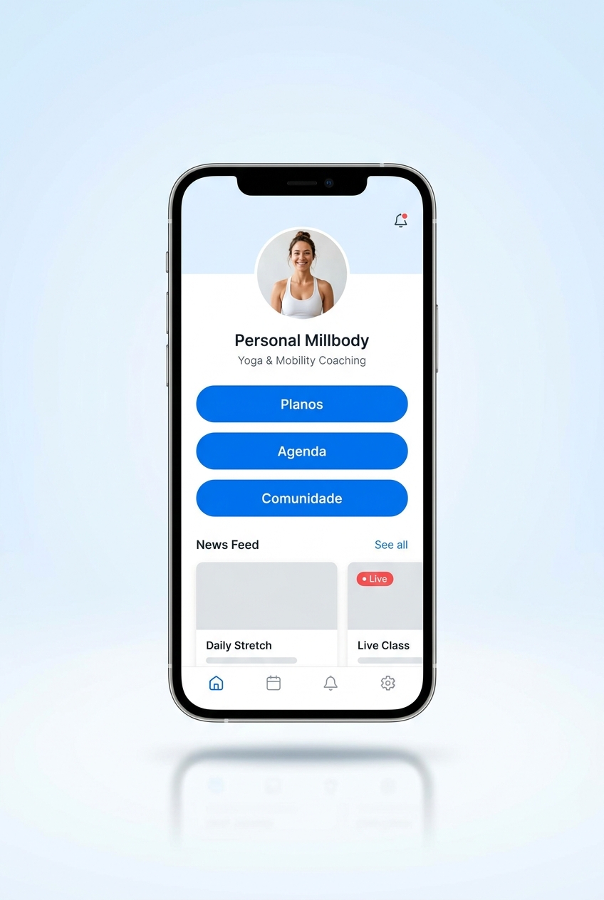Aplicativo da plataforma para personal trainer Personal Millbody, com botões Planos, Agenda e Comunidade