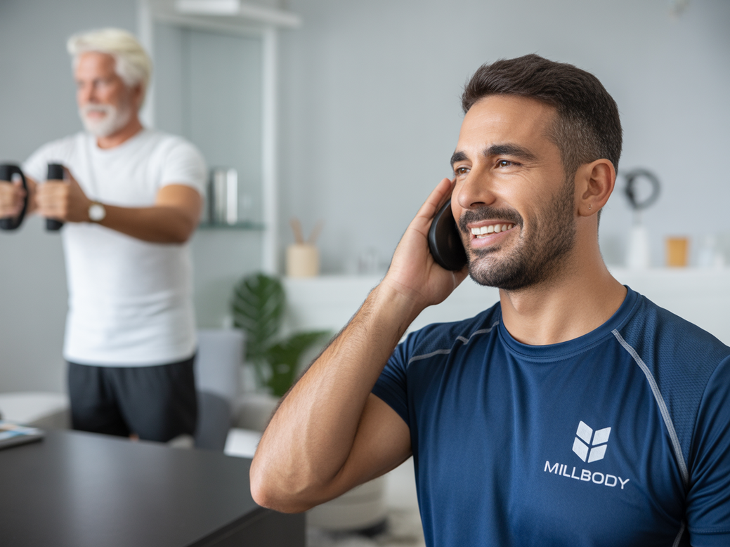 Personal trainer da Personal Millbody demonstrando como treinar ombro em casa durante um atendimento online.