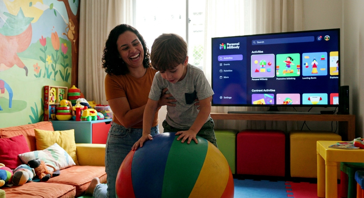 Educadora sorrindo com criança autista realizando atividade lúdica com bola enquanto TV exibe app Personal Millbody