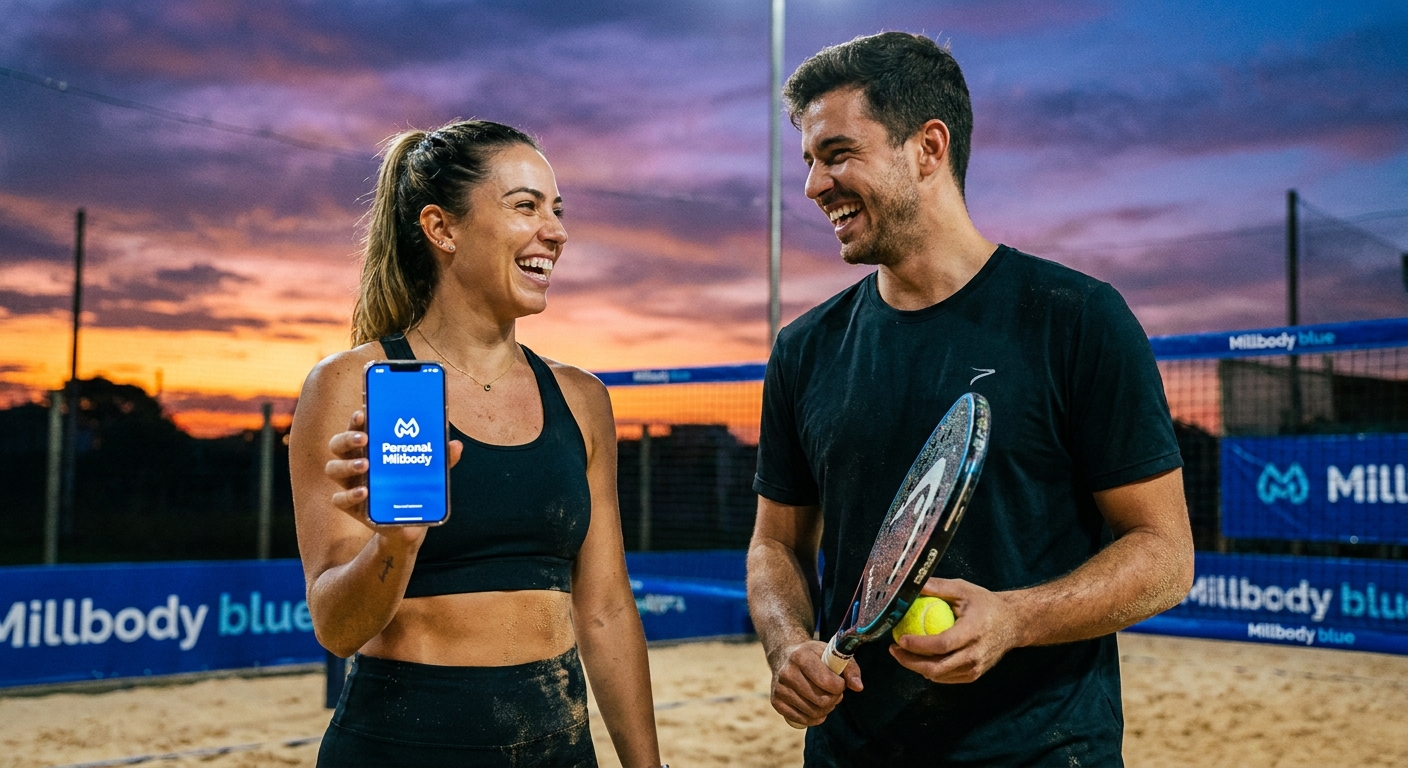 Personal Trainer com app Millbody ao lado de aluno de beach tennis