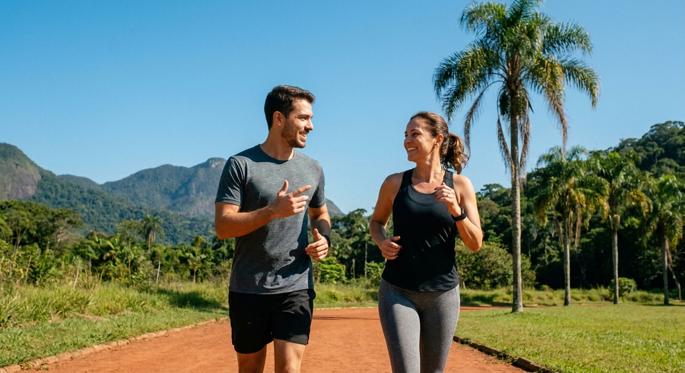 Coach de emagrecimento correndo ao lado de aluno em pista ao ar livre, motivando e acompanhando de perto