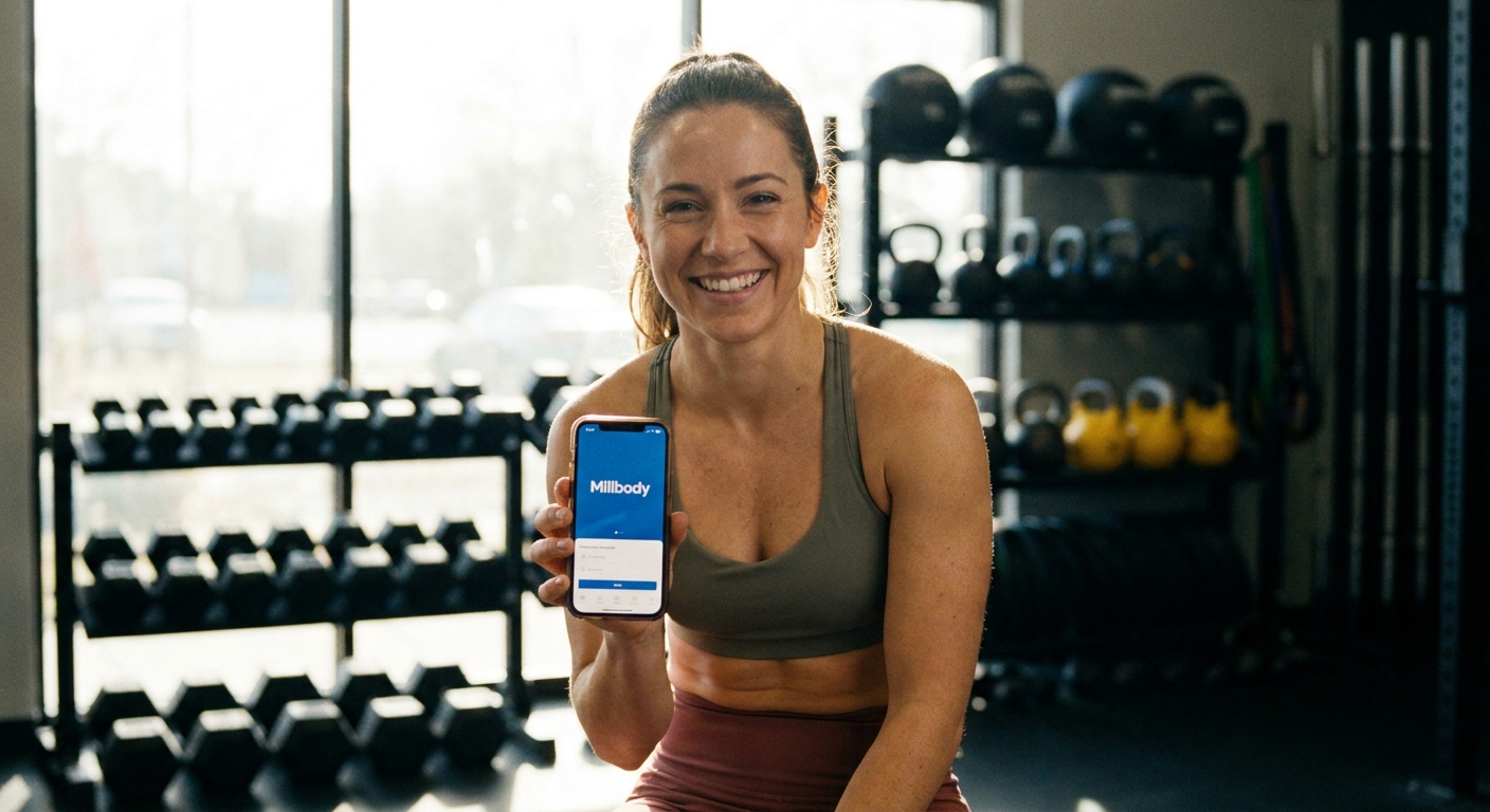 Personal trainer mulher usando app Millbody em box de crossfit – Millbody vs MFit