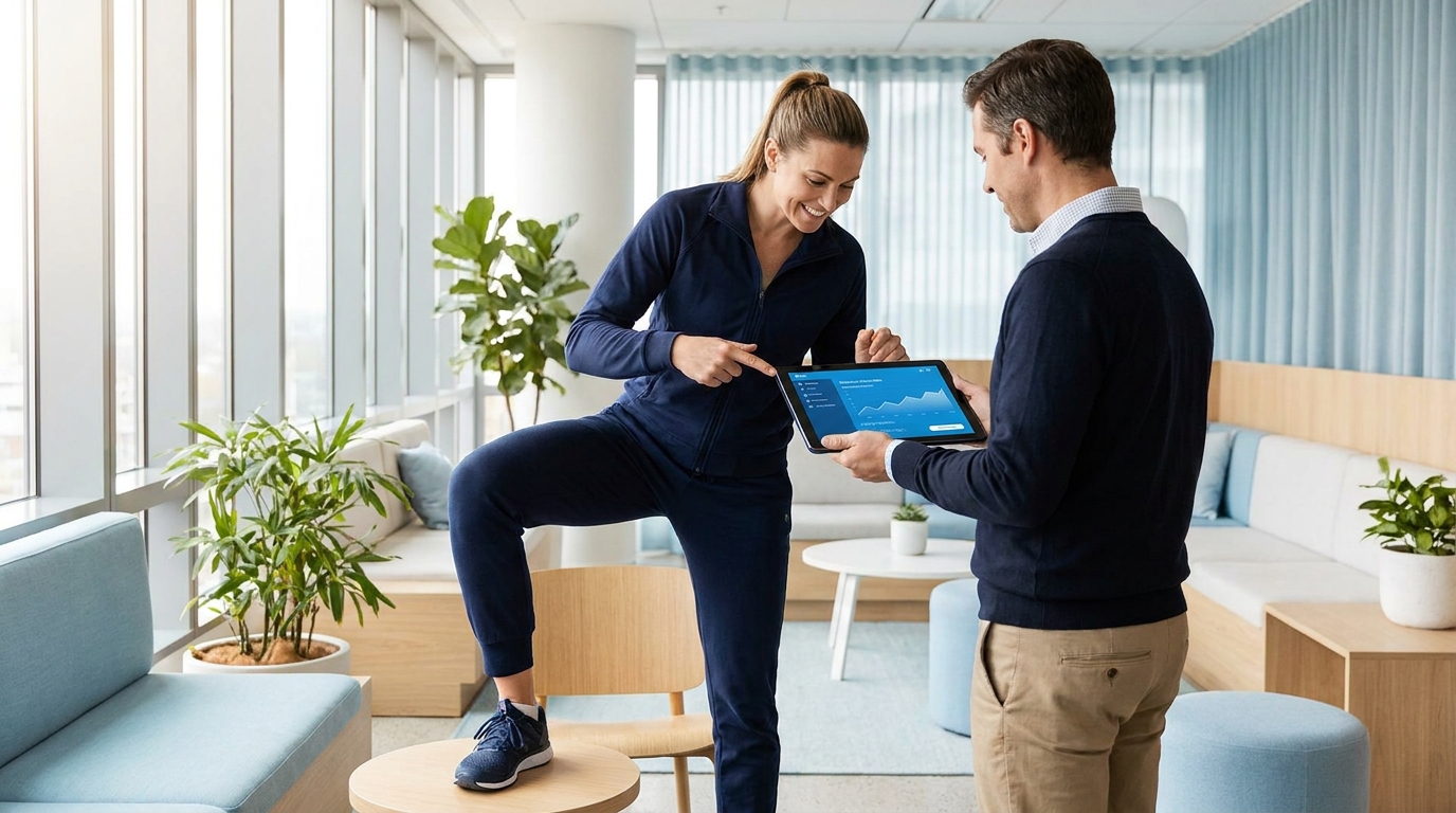 Profissional de ginástica laboral usando o app Personal Millbody com aluno em ambiente corporativo