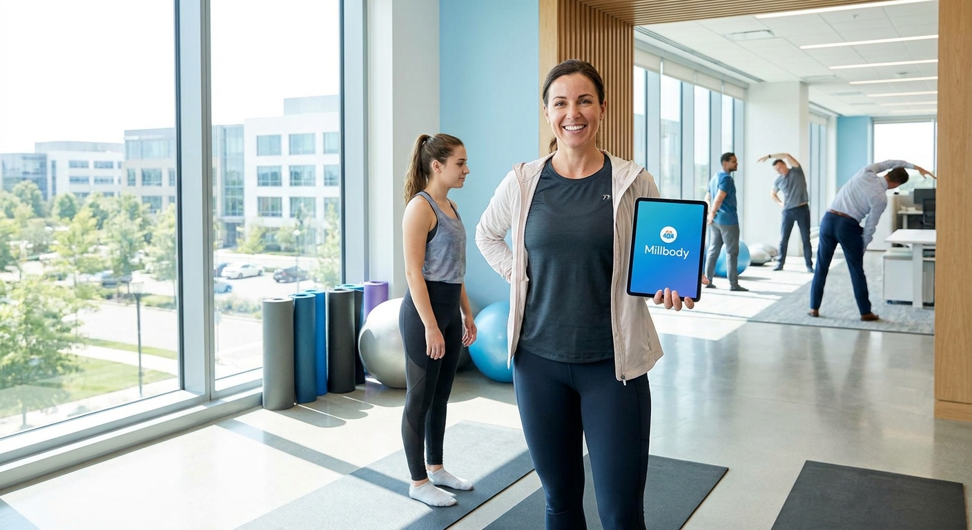 Personal trainer feminina sorrindo ao lado de aluna em ginástica laboral corporativa, segurando tablet com app Millbody