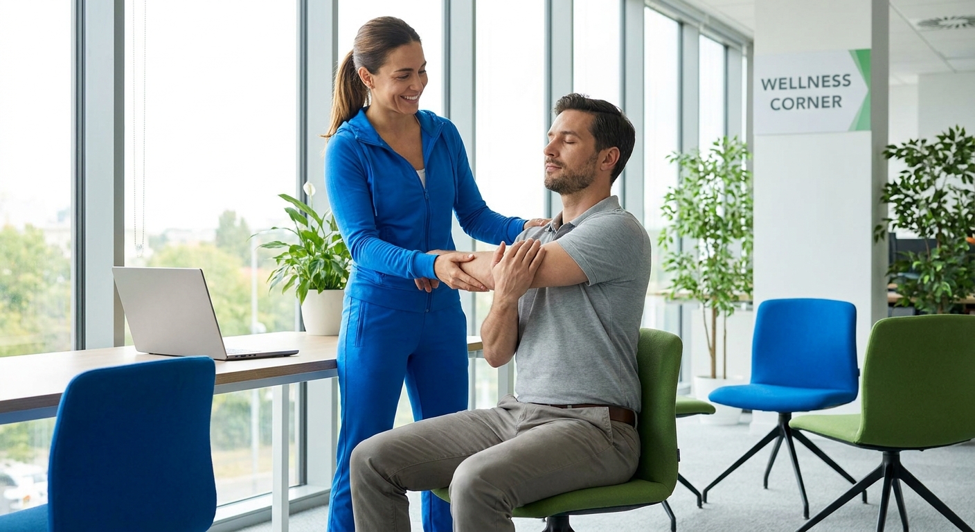 Profissional de ginástica laboral orientando aluno com exercícios de respiração e fortalecimento gradual pós-covid