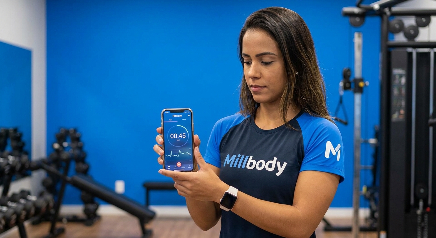 Plataforma para personal trainer HIIT - Personal Millbody Personal trainer utilizando o Millbody com cronômetro e batimento cardíaco visíveis na tela do celular