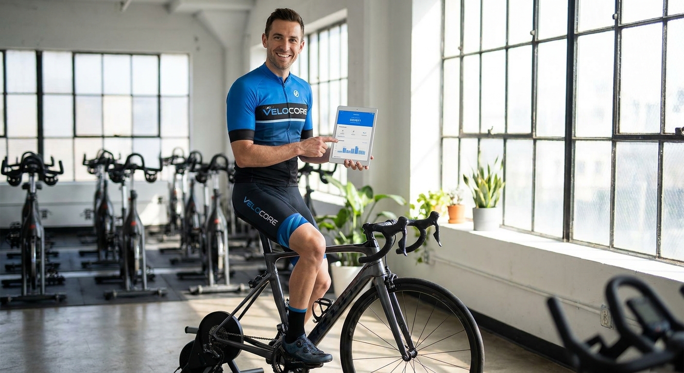 Instrutor de ciclismo com tablet exibindo app personal trainer TV Personal Millbody