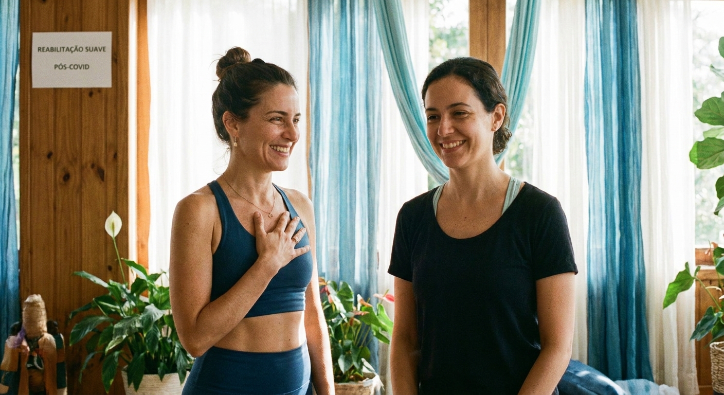 Instrutora de yoga Millbody apoiando aluna pós-covid com exercício de respiração