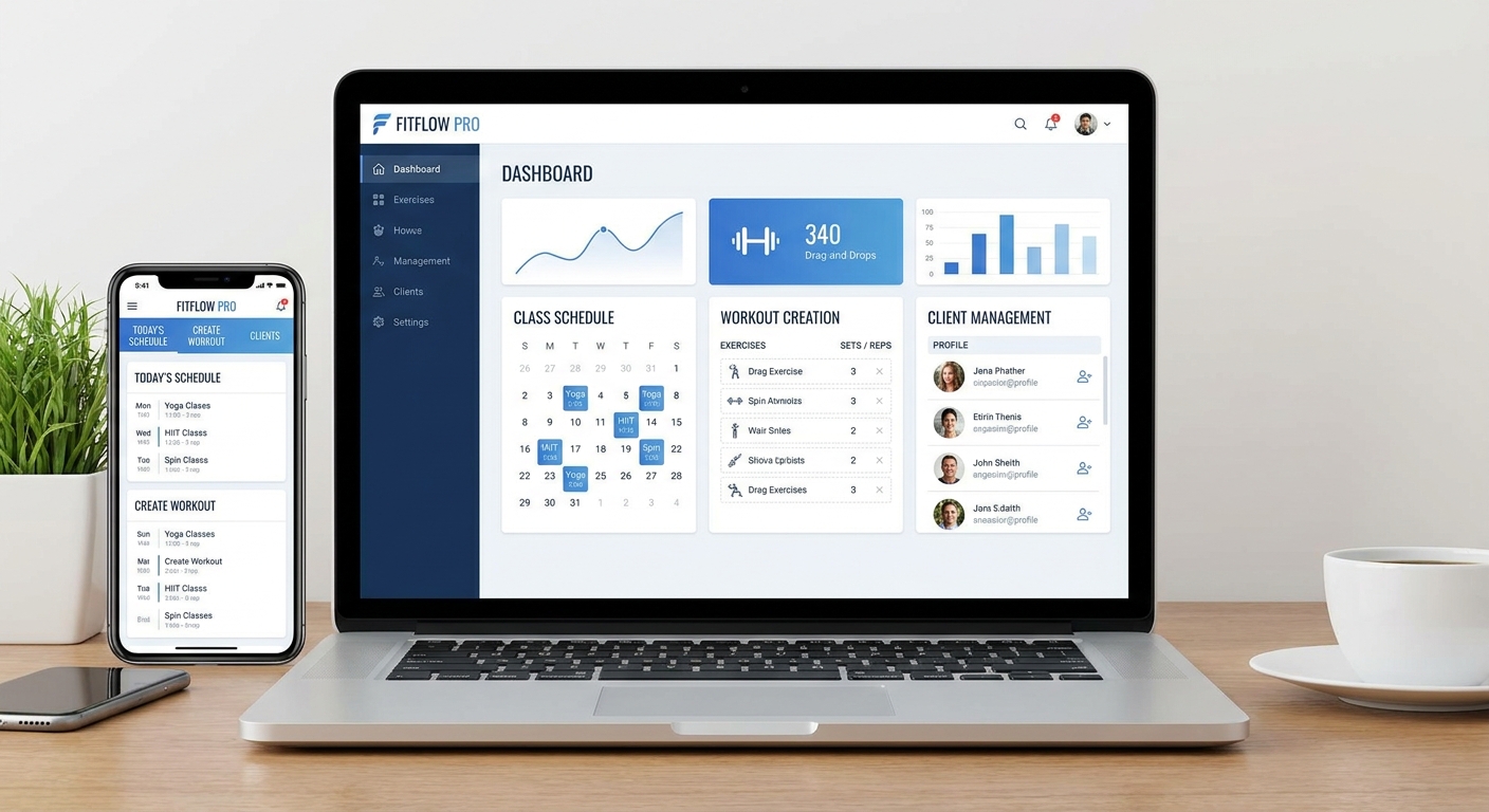 Interface do Personal Millbody mostrando funcionalidades de criação de treinos HIIT e agenda de aulas para professores de dança