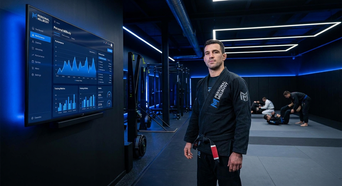 Preparador de atletas de Jiu-Jitsu utilizando o Personal Millbody com app na TV para monitoramento de treinos