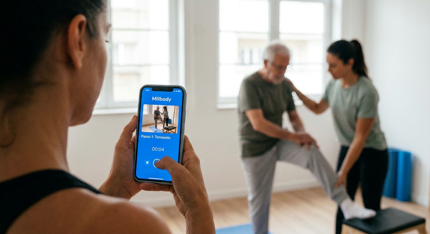 Personal trainer especialista em mobilidade articular explicando exercício para idoso com app Millbody personalizado