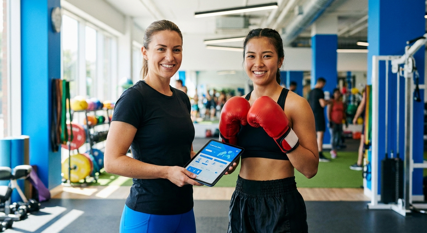 App de treinos Personal Millbody - Muay Thai feminino Personal trainer ao lado de aluna de Muay Thai utilizando app de treinos Personal Millbody