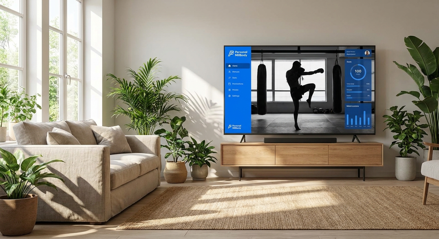 Personal Millbody na TV — Aulas de Muay Thai App Personal Millbody rodando aula de Muay Thai na TV da sala