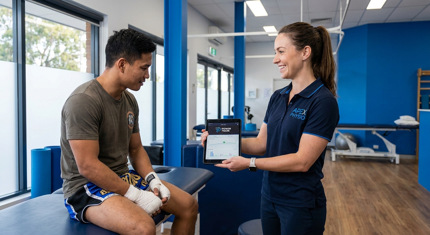 plataforma para fisioterapeuta esportivo usando o Personal Millbody para acompanhar atleta de Muay Thai