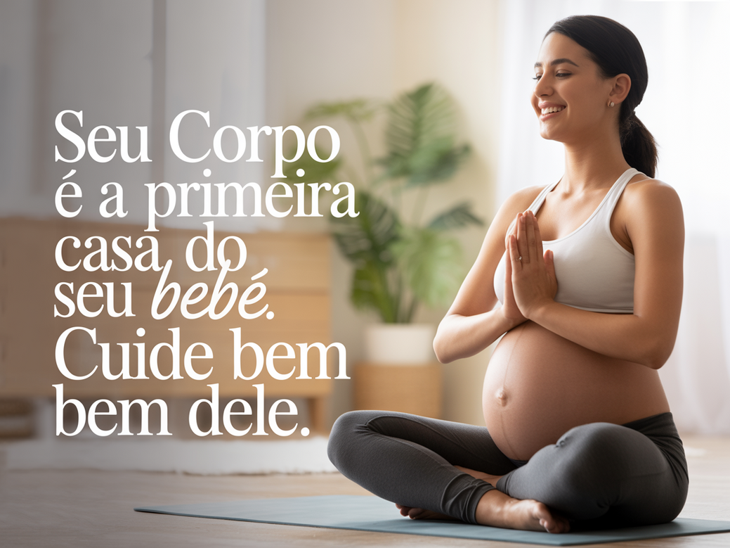 Montagem com gestante se exercitando e a citação inspiradora de treino pré-parto 'Seu corpo é a primeira casa do seu bebê. Cuide bem dele.' em destaque.