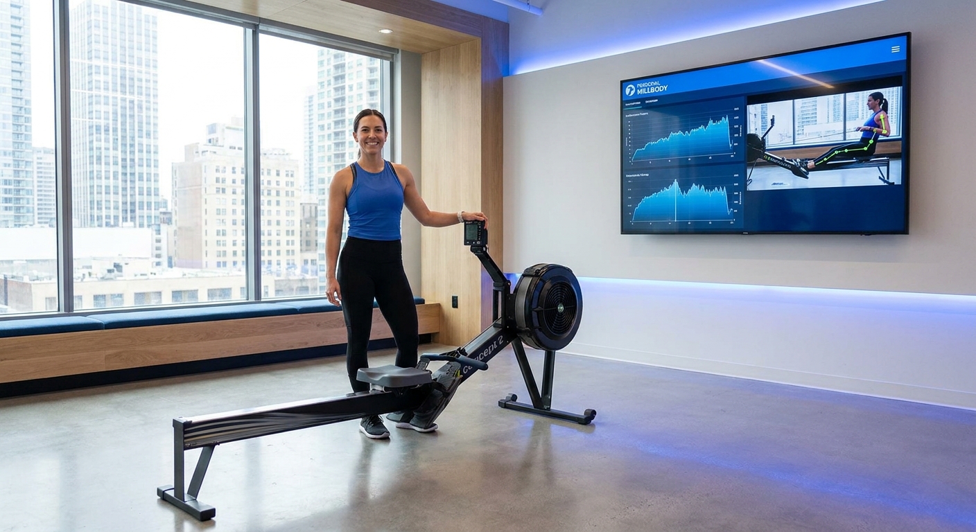 Personal trainer ao lado de ergômetro de remo com TV exibindo app Personal Millbody com gráficos de desempenho