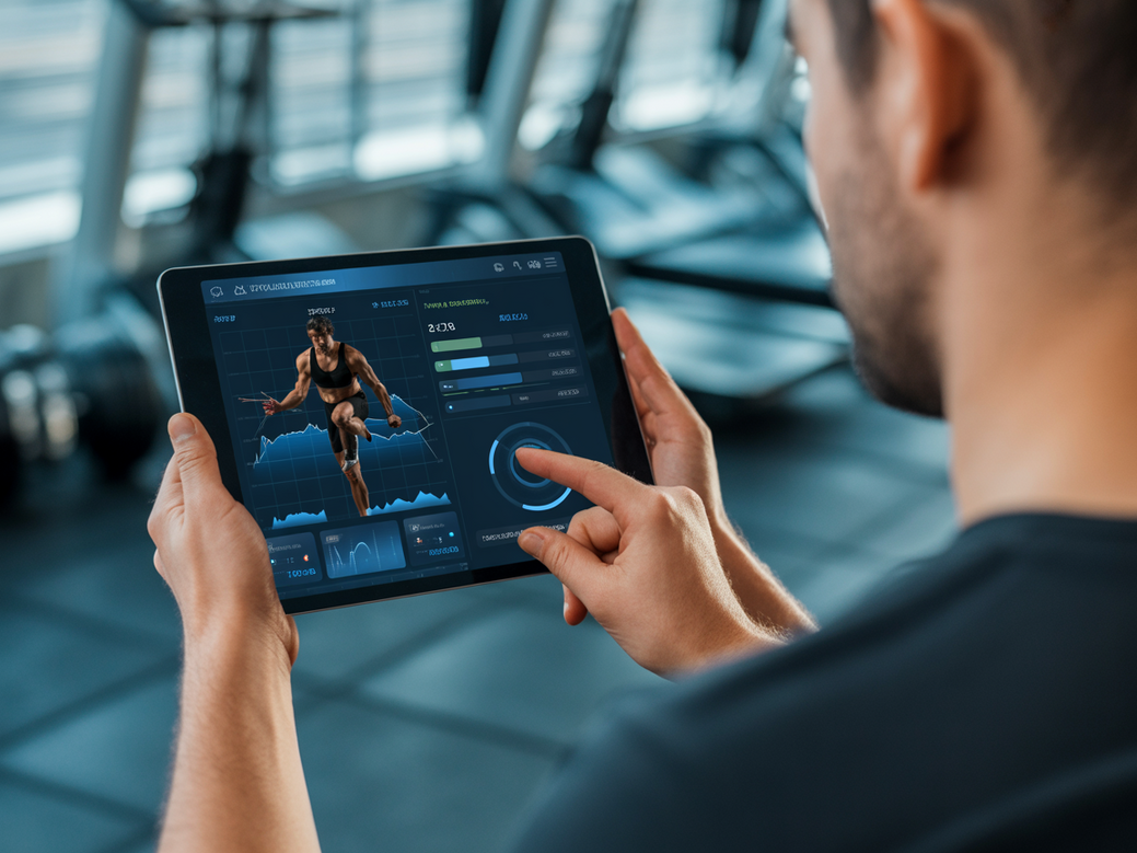 Preparador físico analisando dados de performance com a tecnologia para preparação de atletas do Personal Millbody em um tablet.