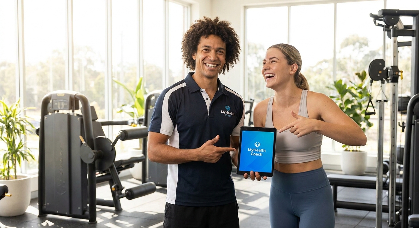 Personal trainer sorrindo segurando tablet com app da Millbody ao lado de aluno
