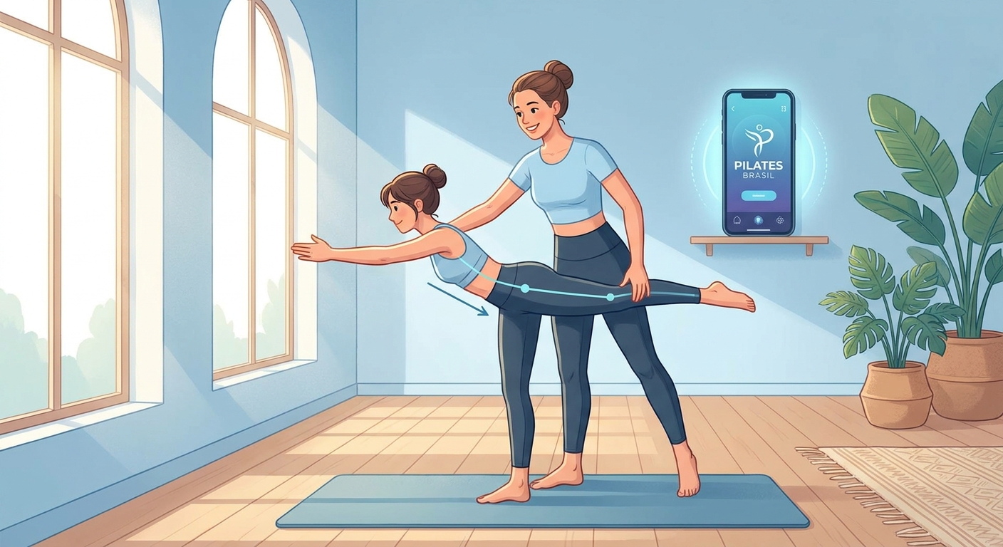 Professor de Pilates guiando aluno em sequência de mobilidade e equilíbrio com app Personal Millbody ao fundo