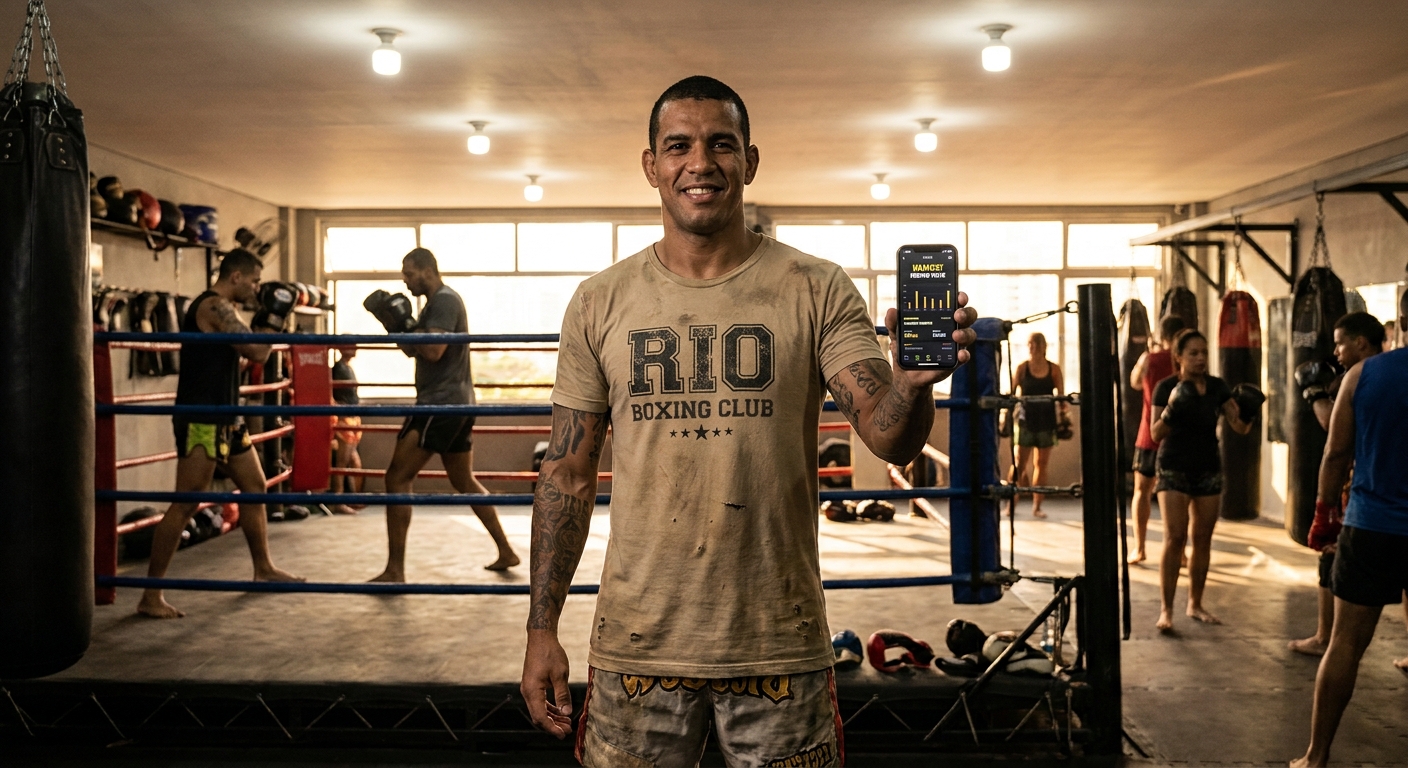 Personal trainer de Muay Thai usando app próprio no smartphone