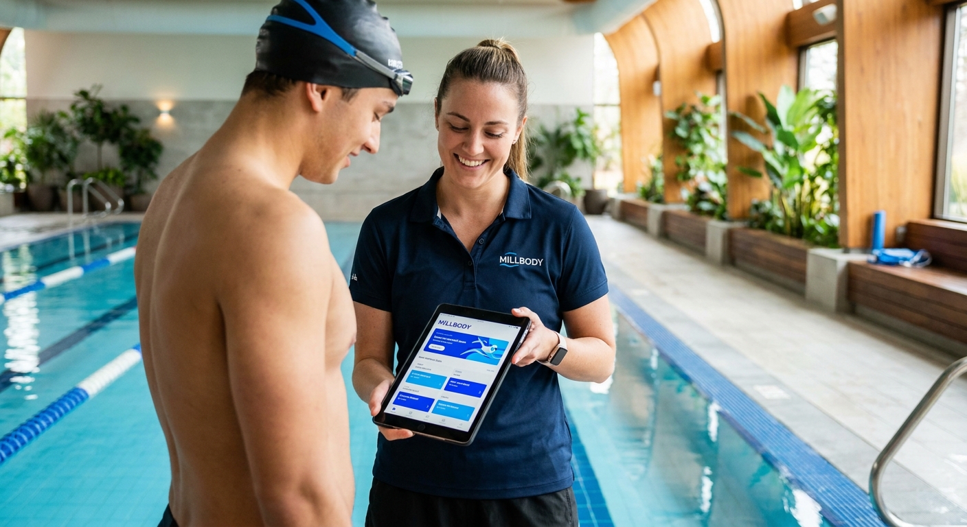 App para personal trainer de natação - Personal Millbody na tela do tablet ao lado da piscina