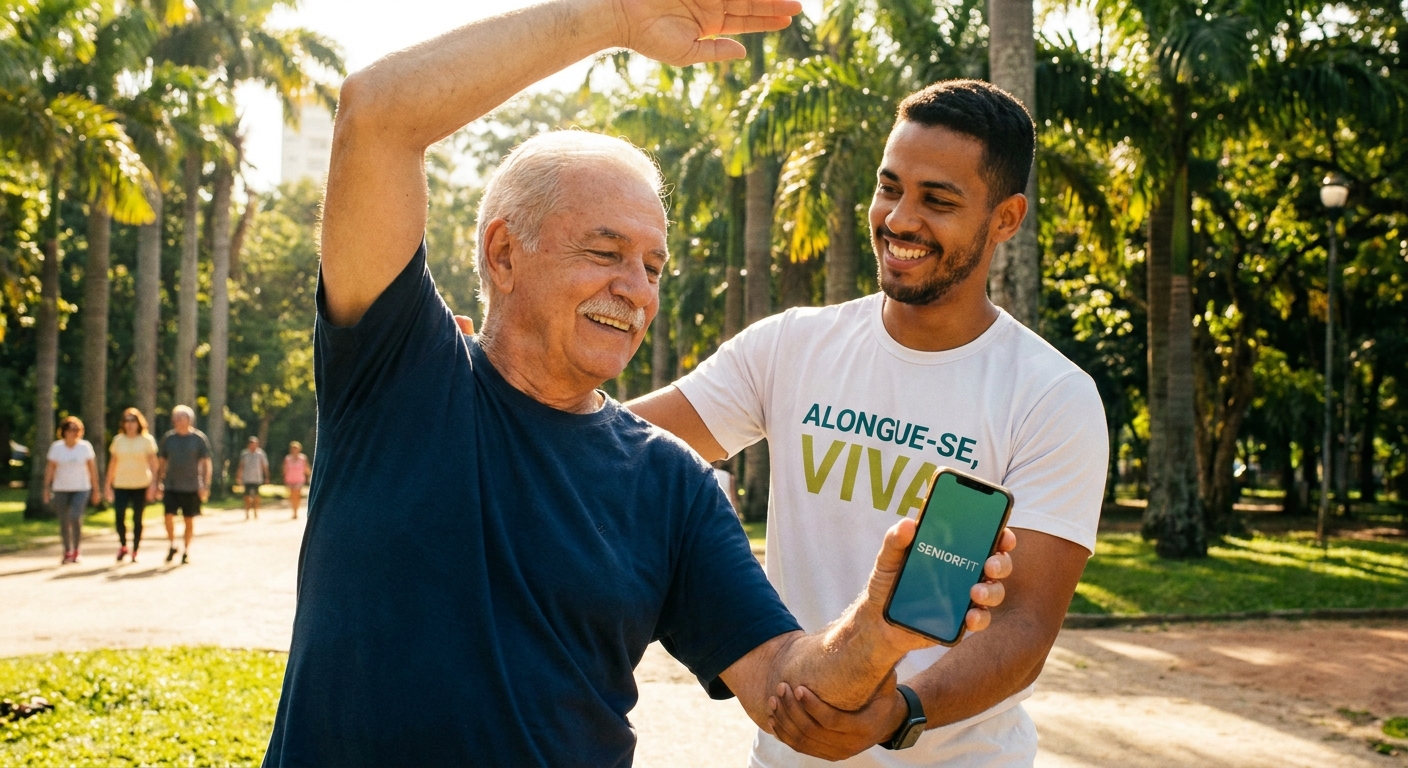 Personal trainer auxiliando idoso em alongamento com app Millbody