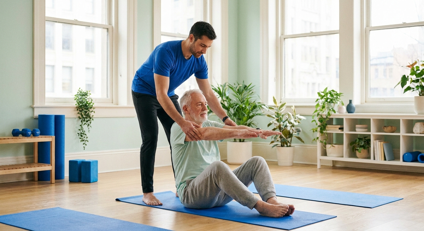 Personal trainer auxiliando aluno em alongamento com respiração profunda pós-Covid