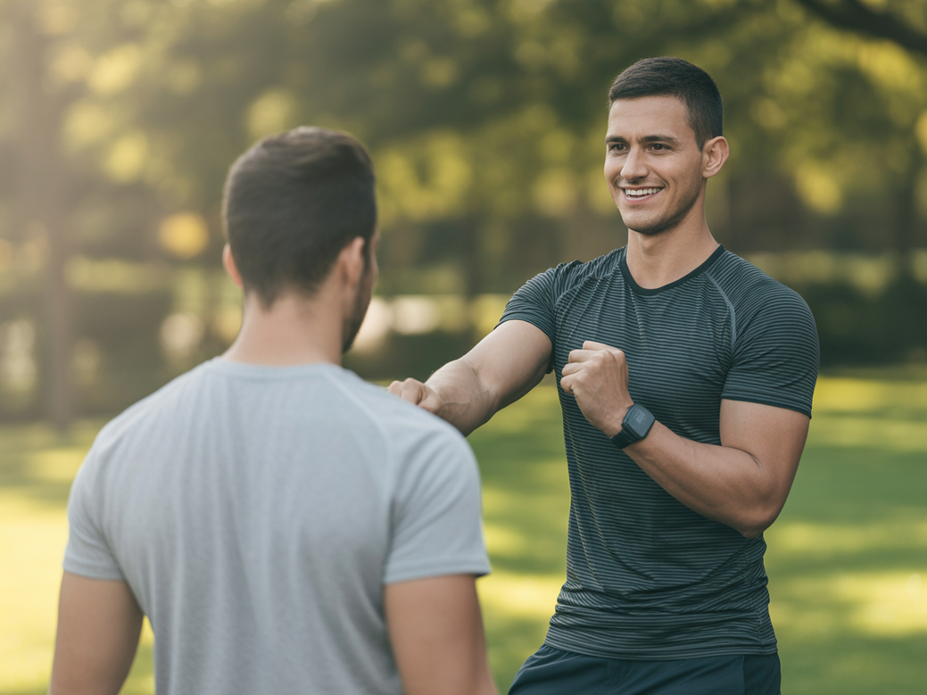 Personal trainer aplicando citações de foco academia para motivar aluno em treino funcional ao ar livre.