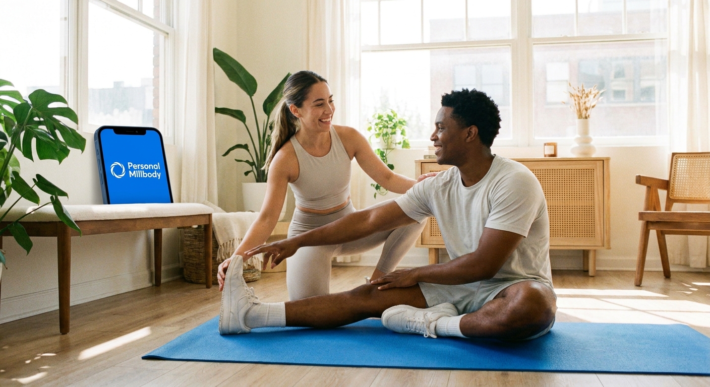 Personal trainer usando app profissional Personal Millbody em estúdio claro e acolhedor